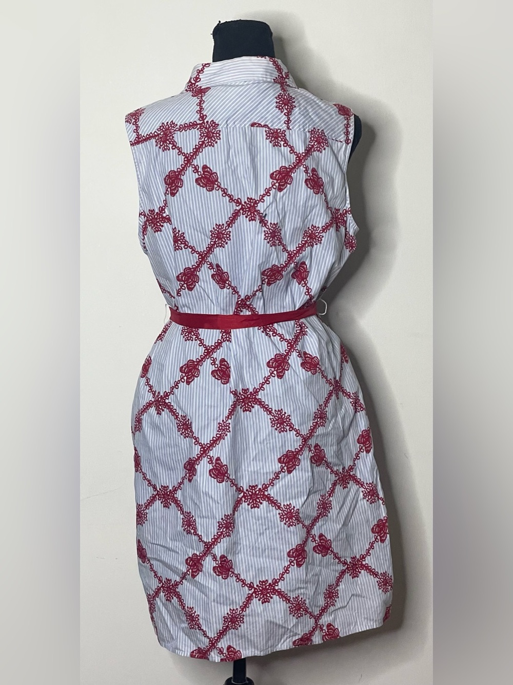 Tommy Hilfiger Blue White Pinstripe Red Embroidered Sleeveless Shirt Dress Sz 10 - Picture 7 of 11